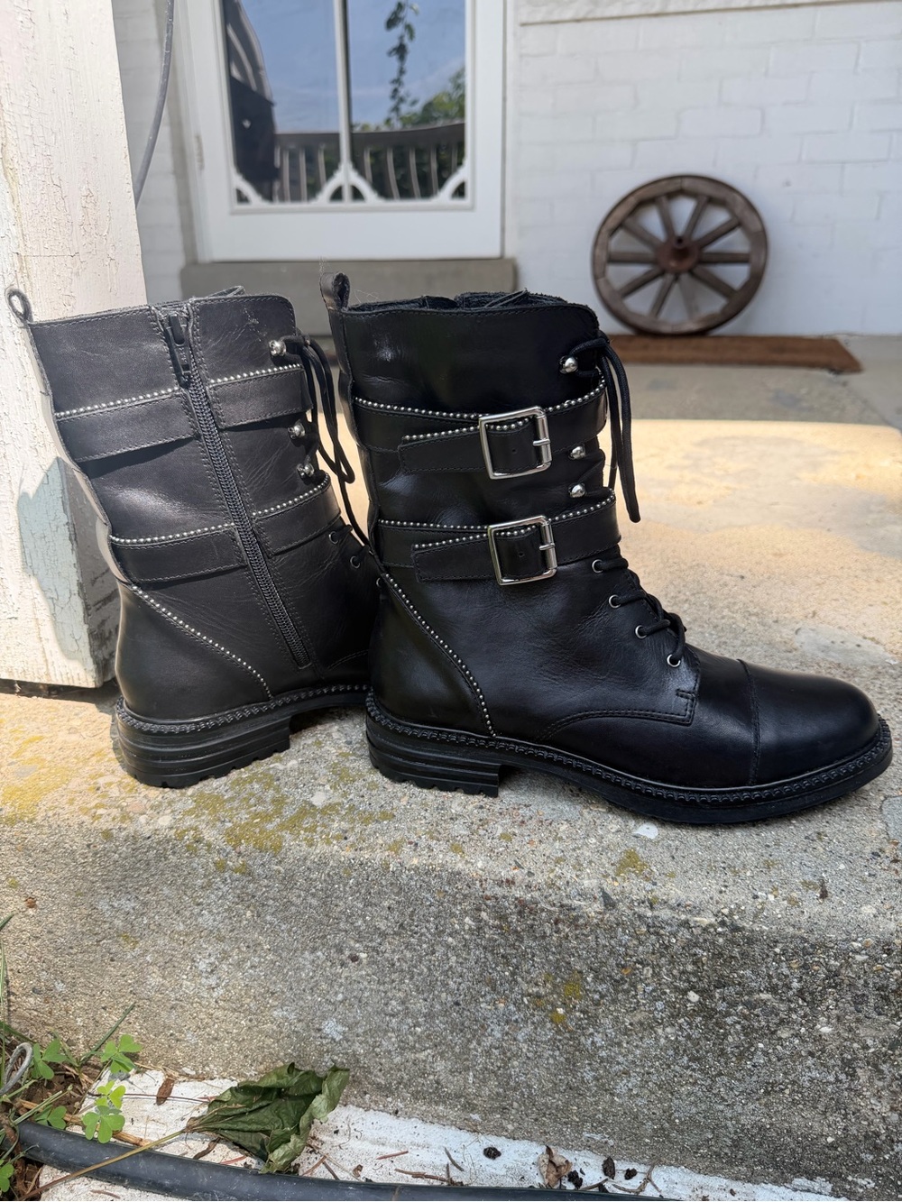 Free people Black Leather Combat Boots with Buckle Straps -Woman